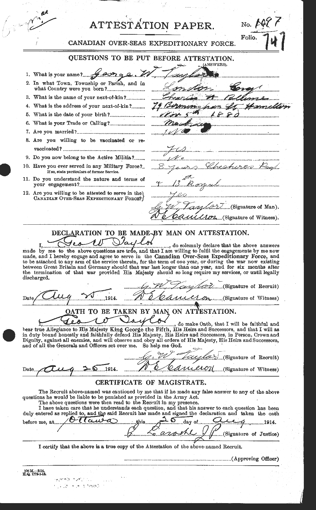 Dossiers du Personnel de la Première Guerre mondiale - CEC 626362a