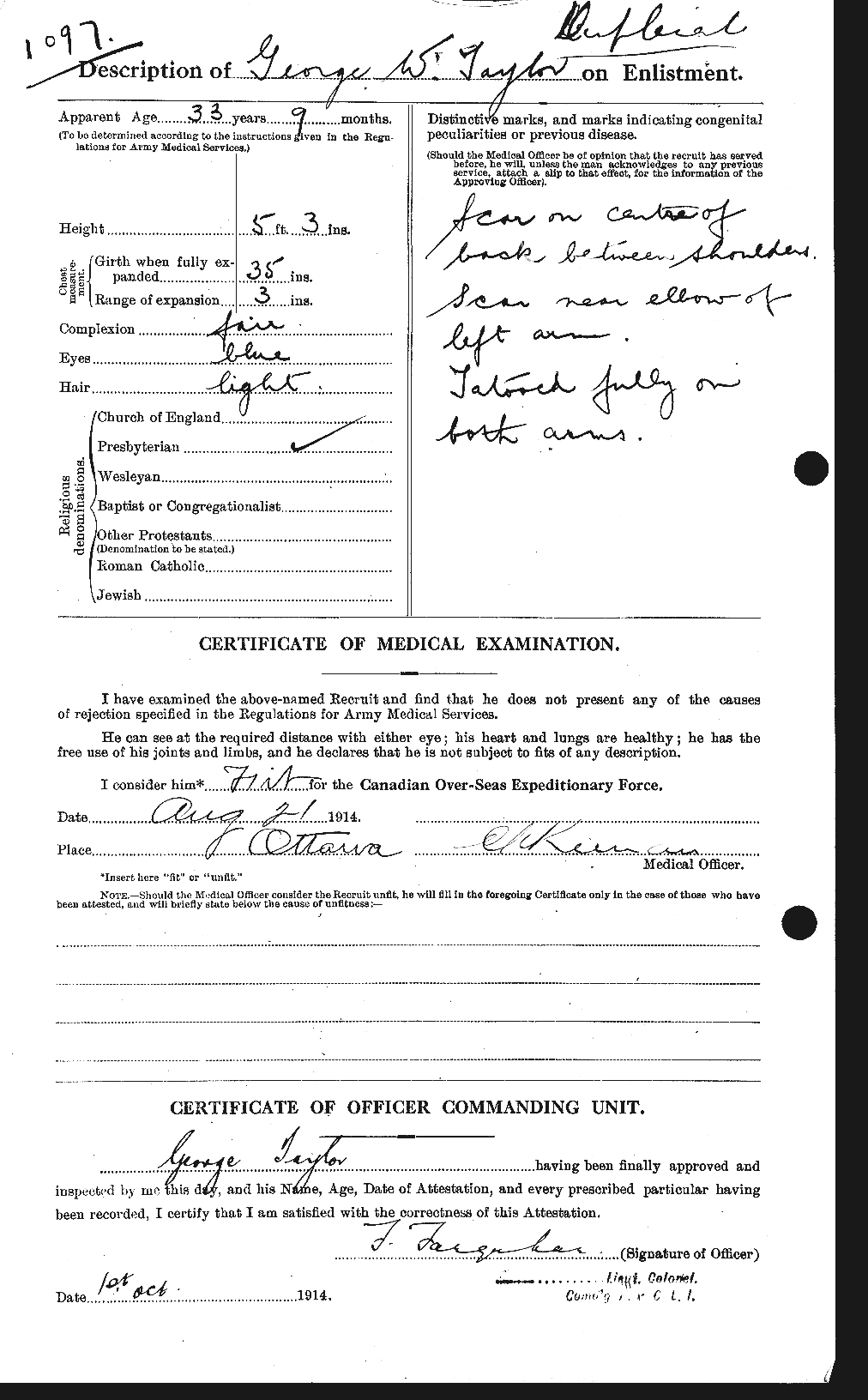 Dossiers du Personnel de la Première Guerre mondiale - CEC 626362b