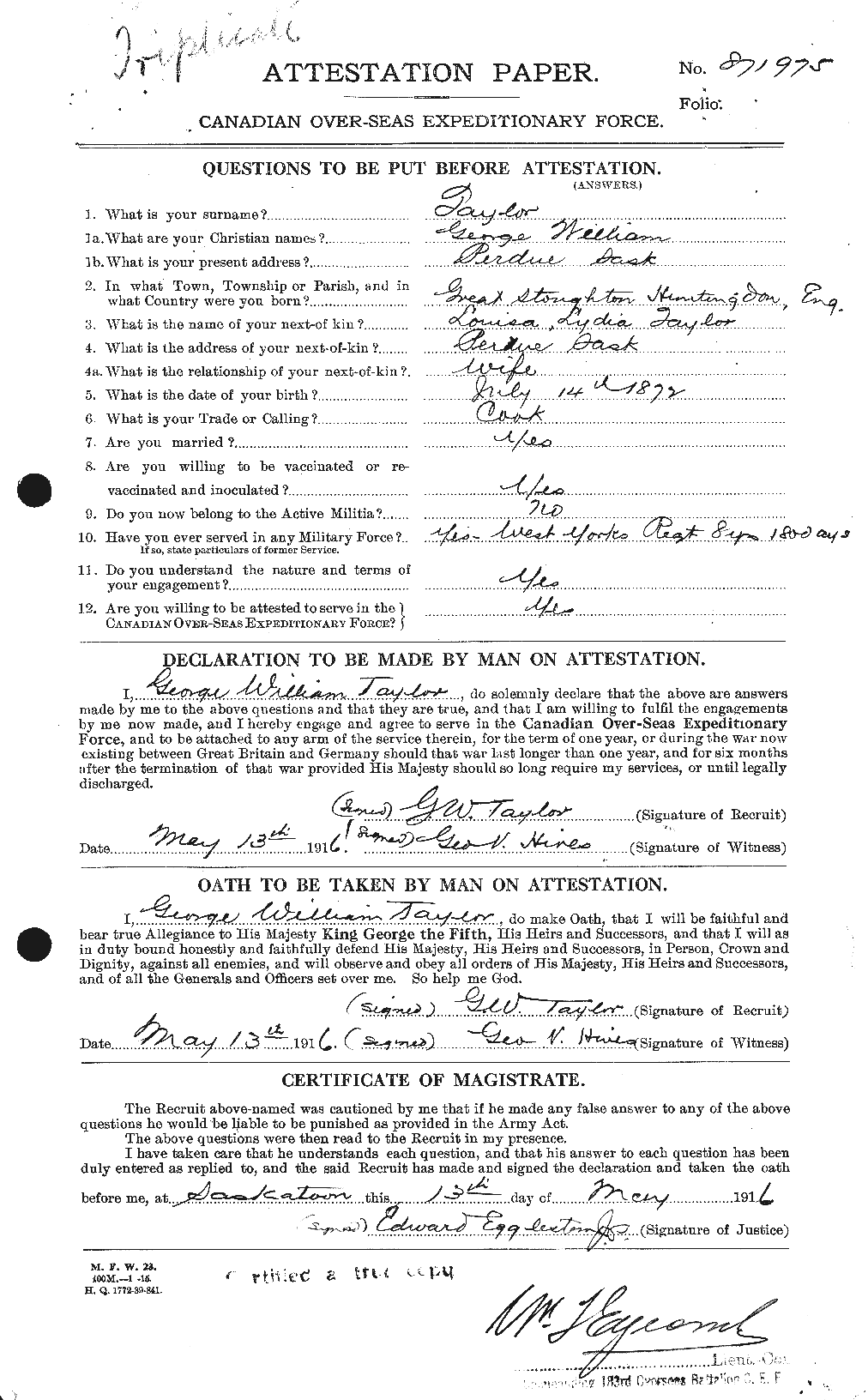Dossiers du Personnel de la Première Guerre mondiale - CEC 626366a