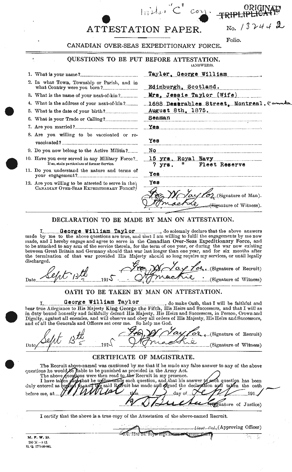 Dossiers du Personnel de la Première Guerre mondiale - CEC 626370a