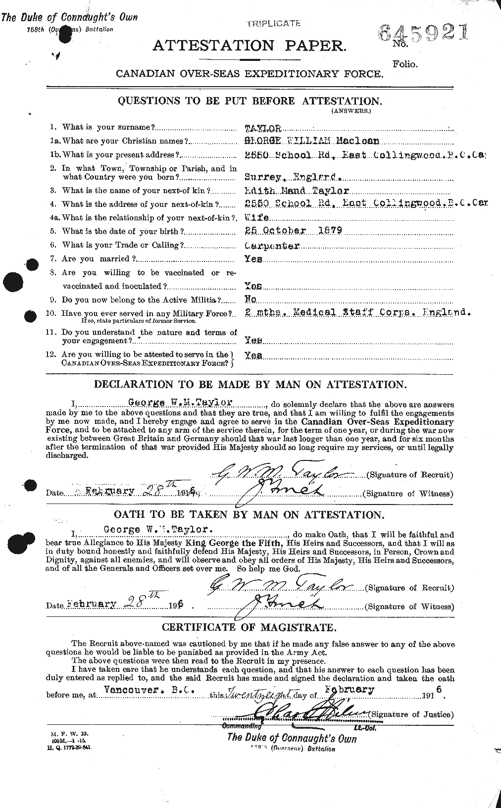 Dossiers du Personnel de la Première Guerre mondiale - CEC 626372a