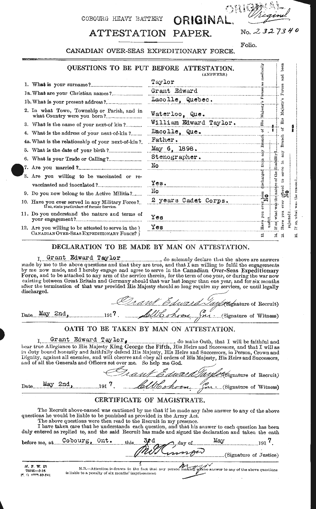 Dossiers du Personnel de la Première Guerre mondiale - CEC 626393a