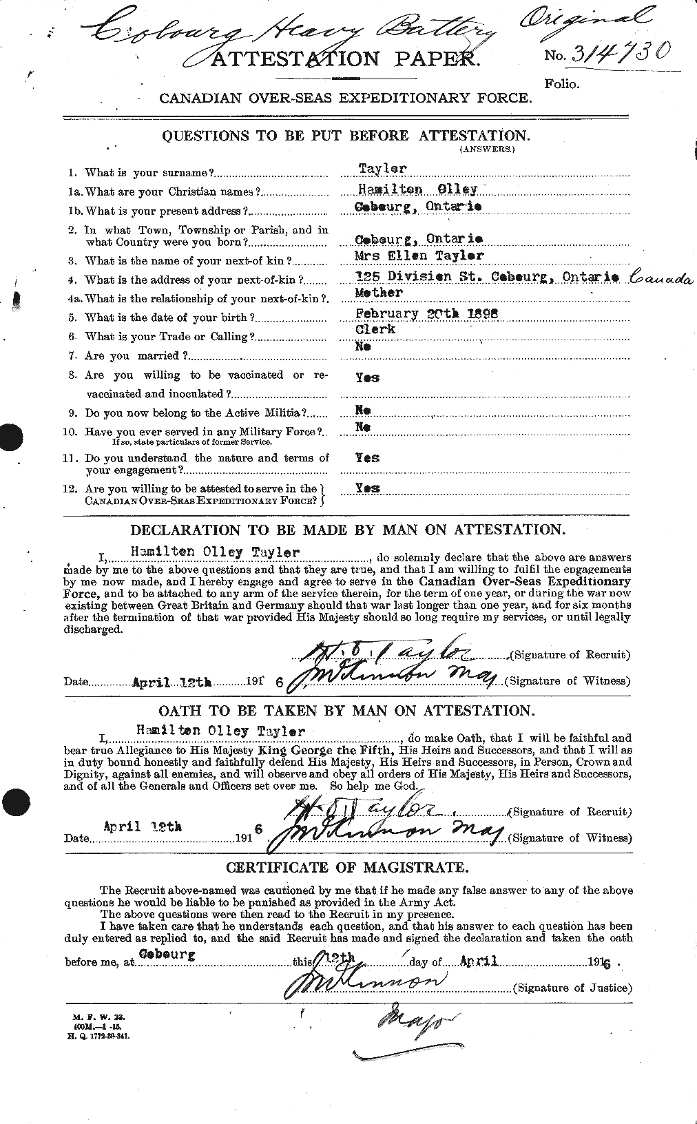 Dossiers du Personnel de la Première Guerre mondiale - CEC 626398a