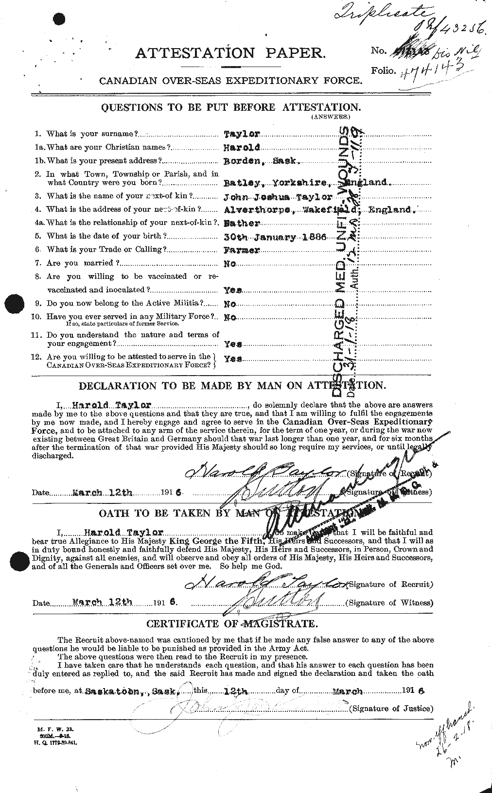 Dossiers du Personnel de la Première Guerre mondiale - CEC 626404a