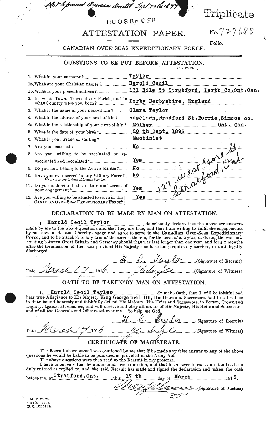 Dossiers du Personnel de la Première Guerre mondiale - CEC 626416a