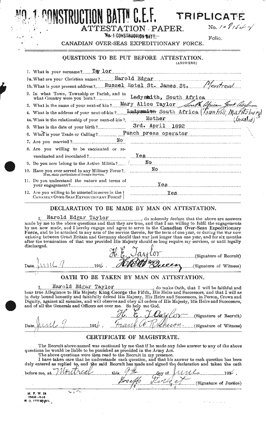 Dossiers du Personnel de la Première Guerre mondiale - CEC 626420a