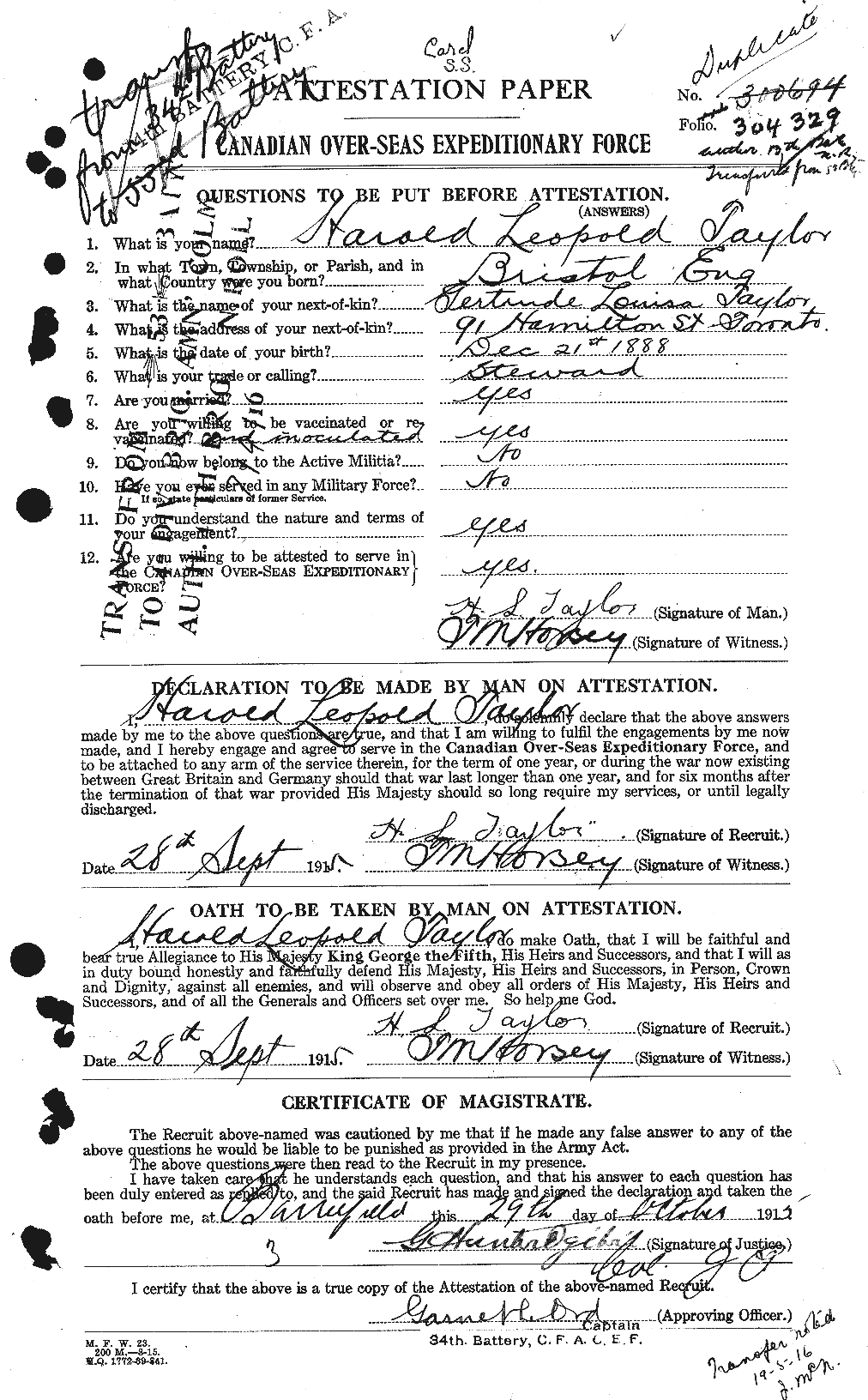 Dossiers du Personnel de la Première Guerre mondiale - CEC 626427a