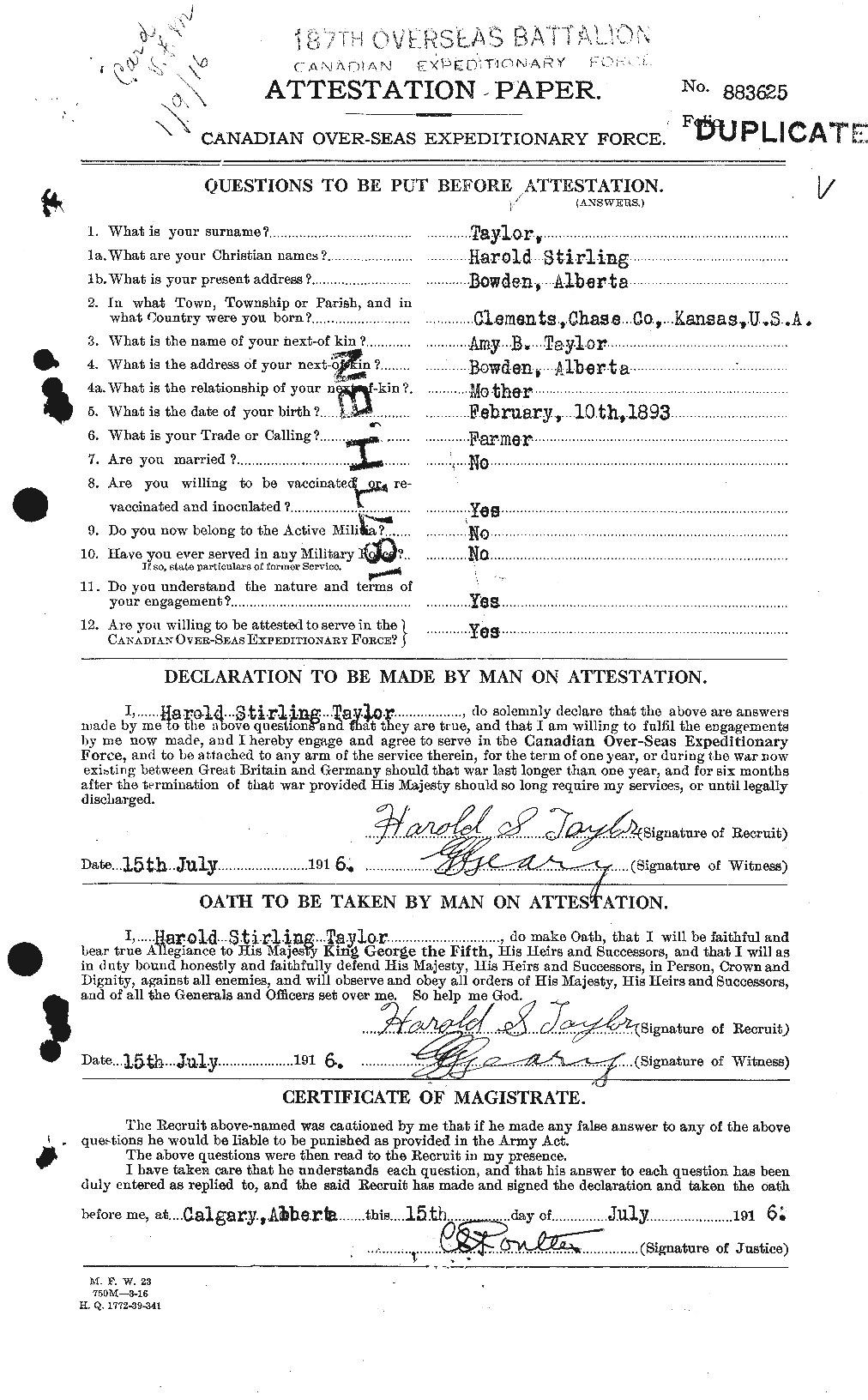 Dossiers du Personnel de la Première Guerre mondiale - CEC 626434a
