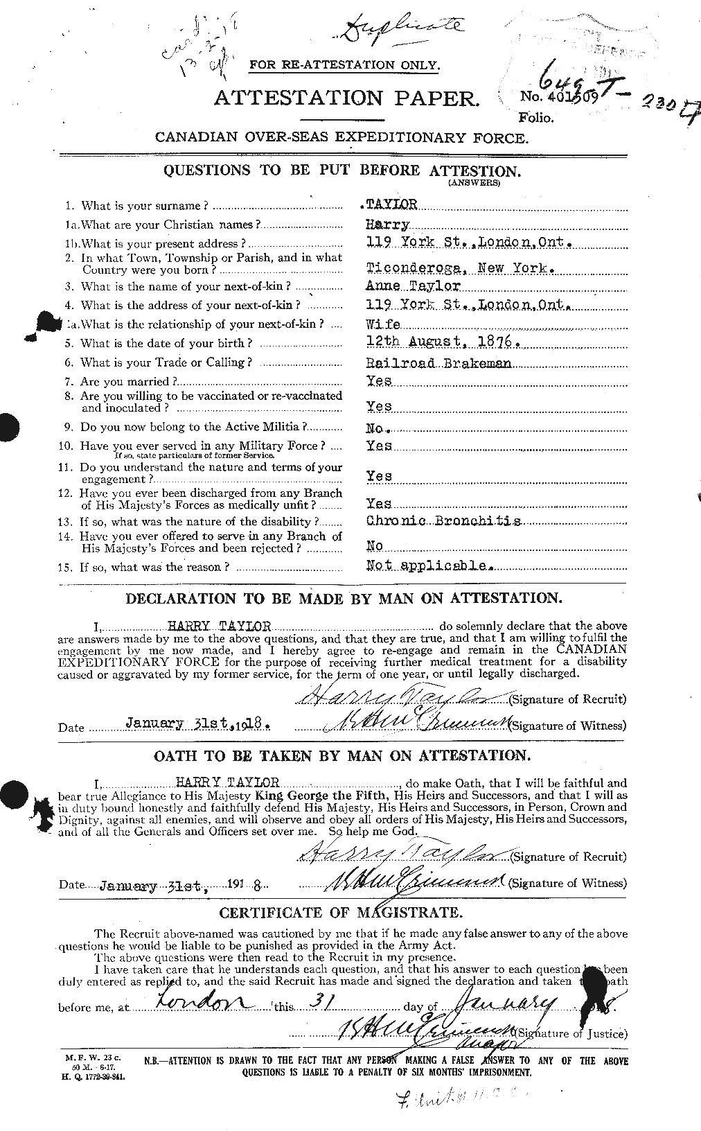Dossiers du Personnel de la Première Guerre mondiale - CEC 626442a