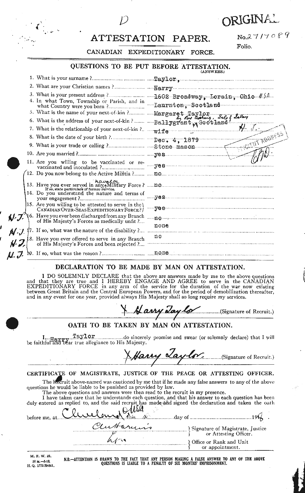 Dossiers du Personnel de la Première Guerre mondiale - CEC 626454a