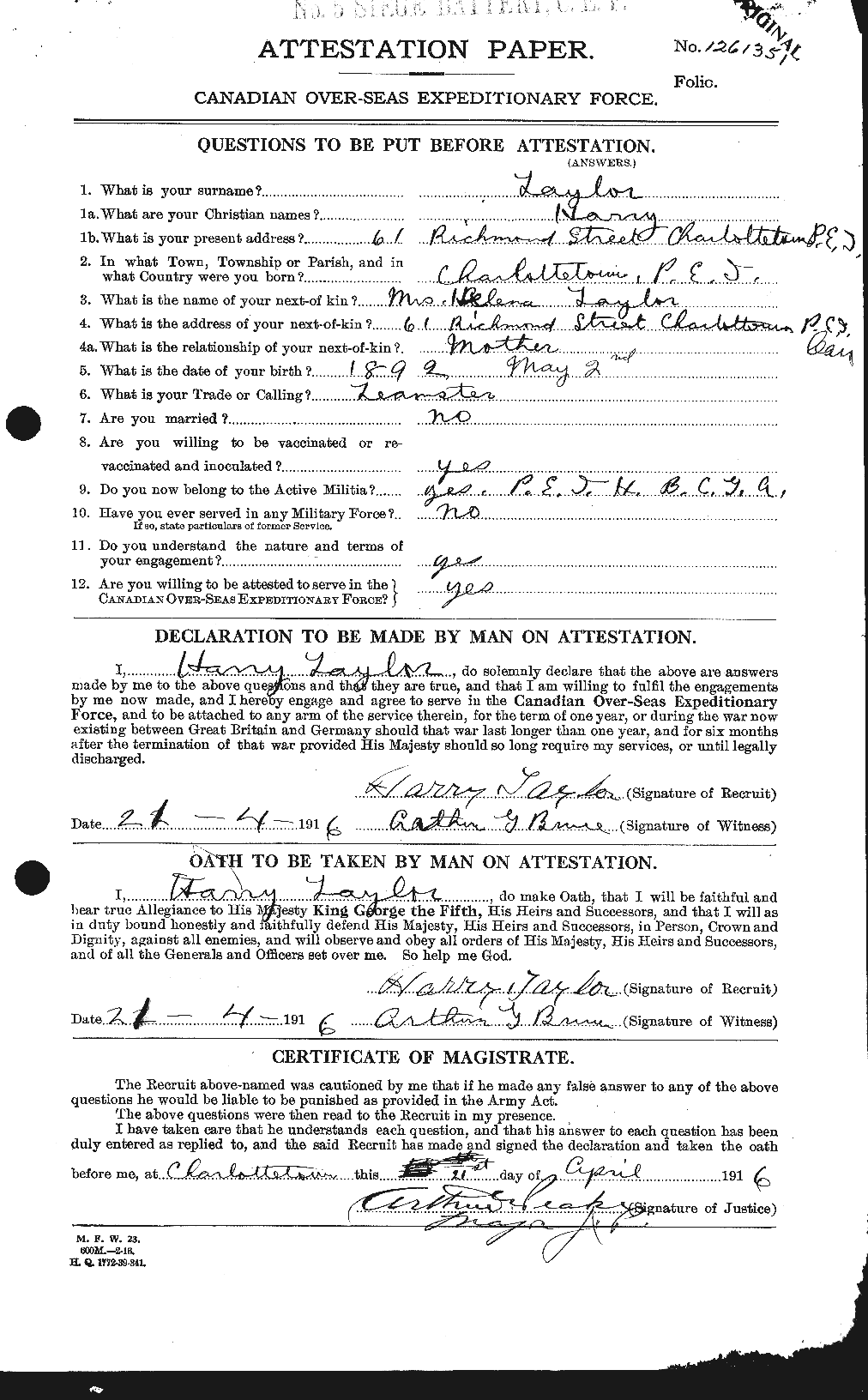 Dossiers du Personnel de la Première Guerre mondiale - CEC 626466a