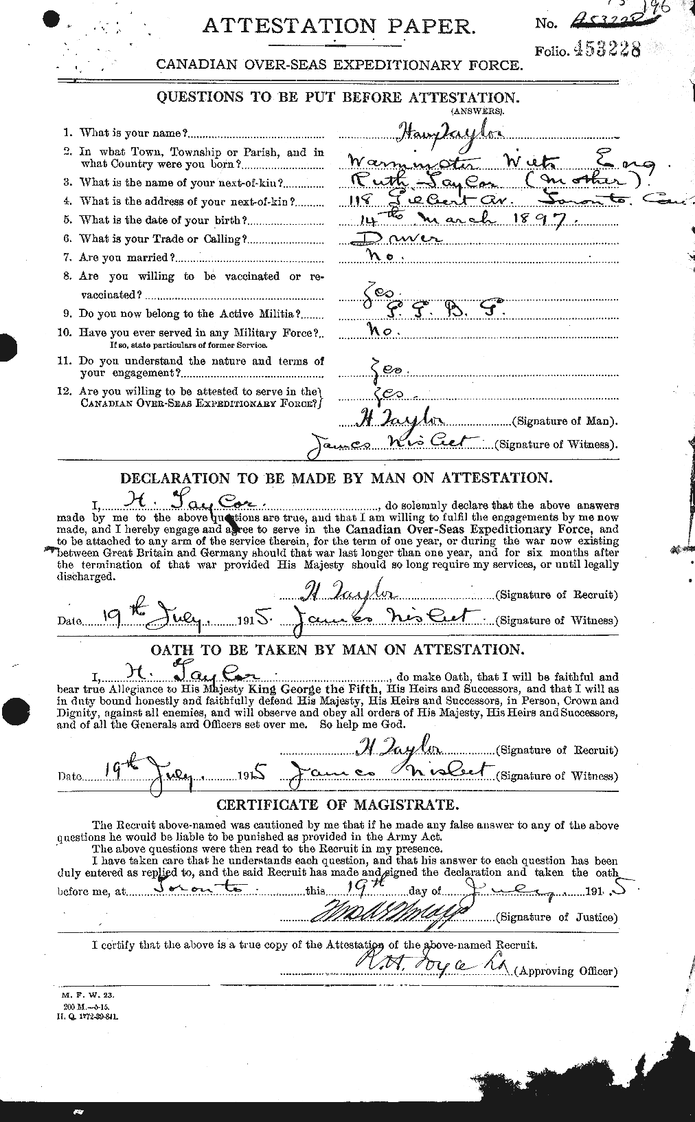 Dossiers du Personnel de la Première Guerre mondiale - CEC 626468a