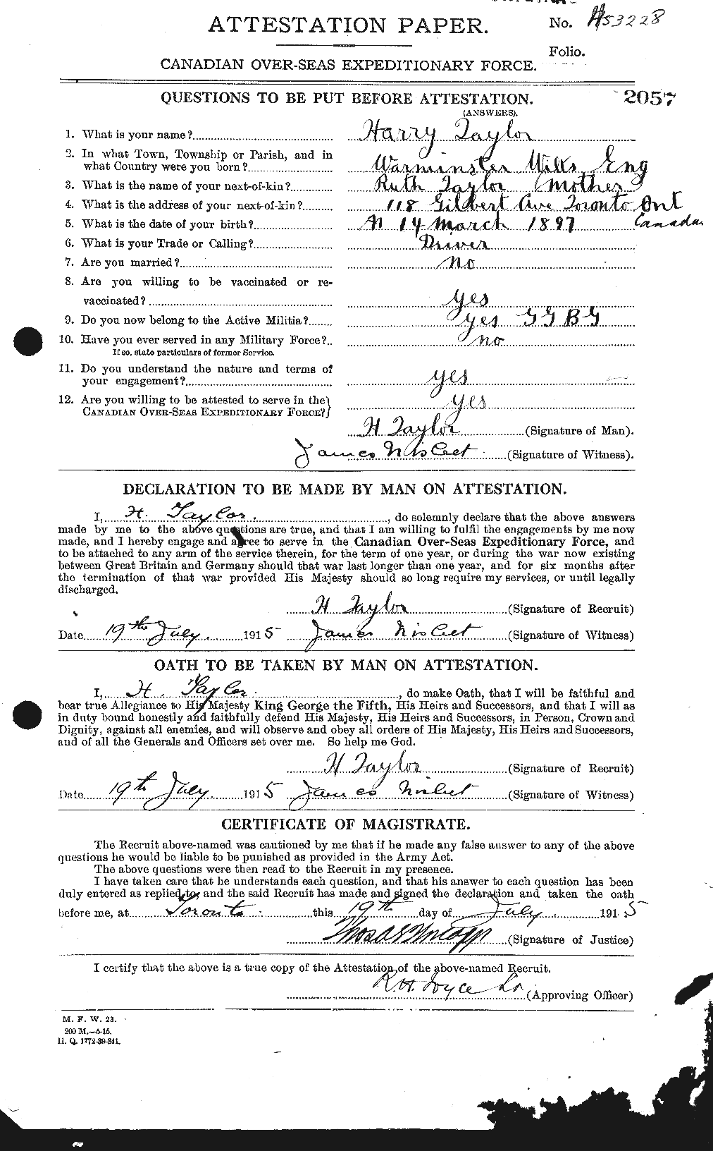 Dossiers du Personnel de la Première Guerre mondiale - CEC 626469a