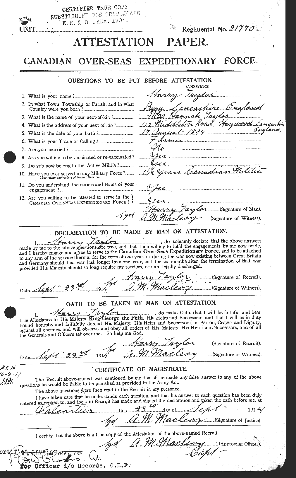 Dossiers du Personnel de la Première Guerre mondiale - CEC 626472a