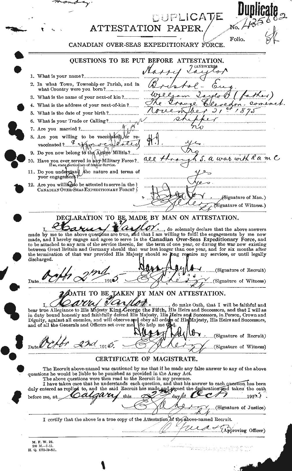Dossiers du Personnel de la Première Guerre mondiale - CEC 626476a