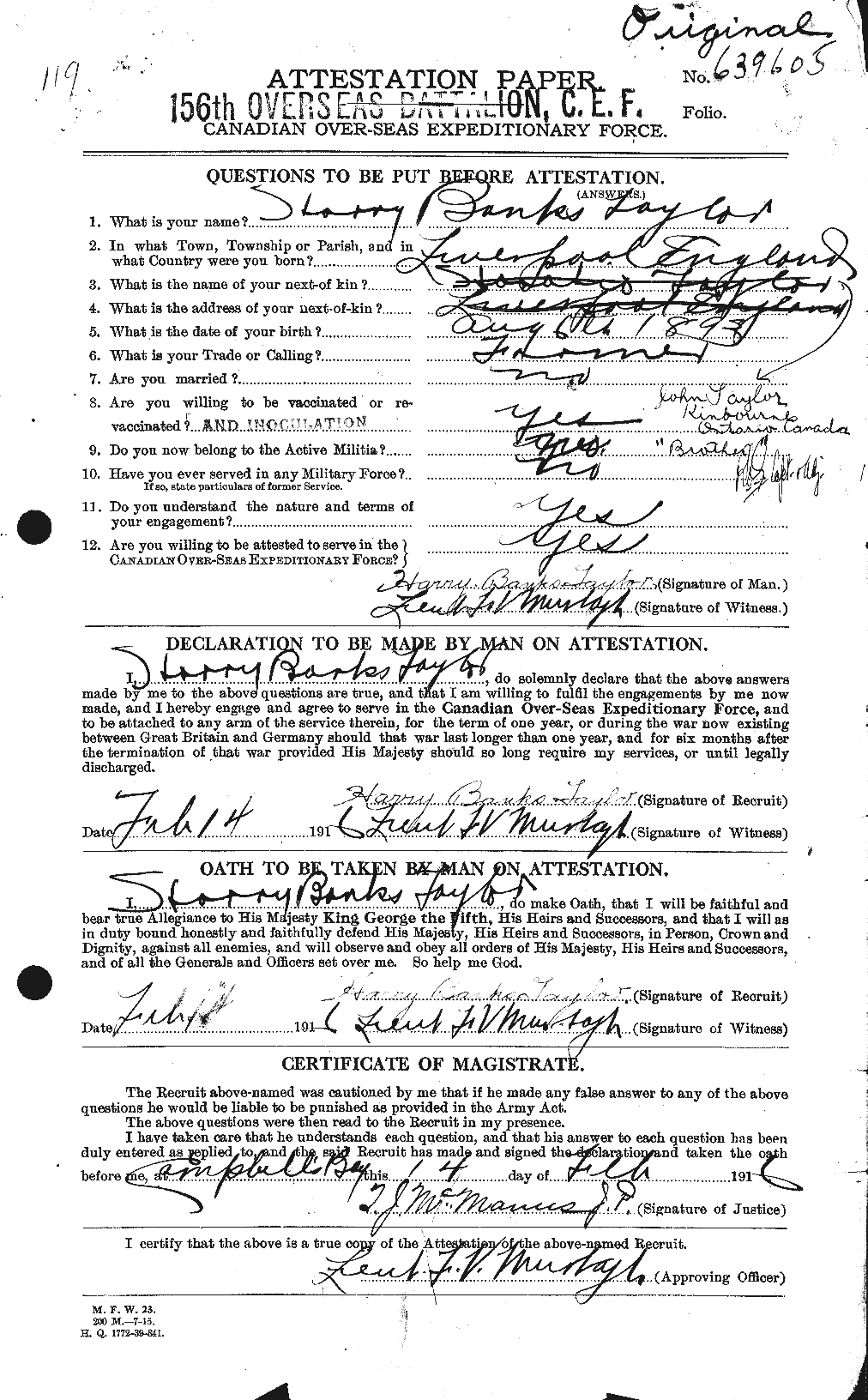 Dossiers du Personnel de la Première Guerre mondiale - CEC 626484a