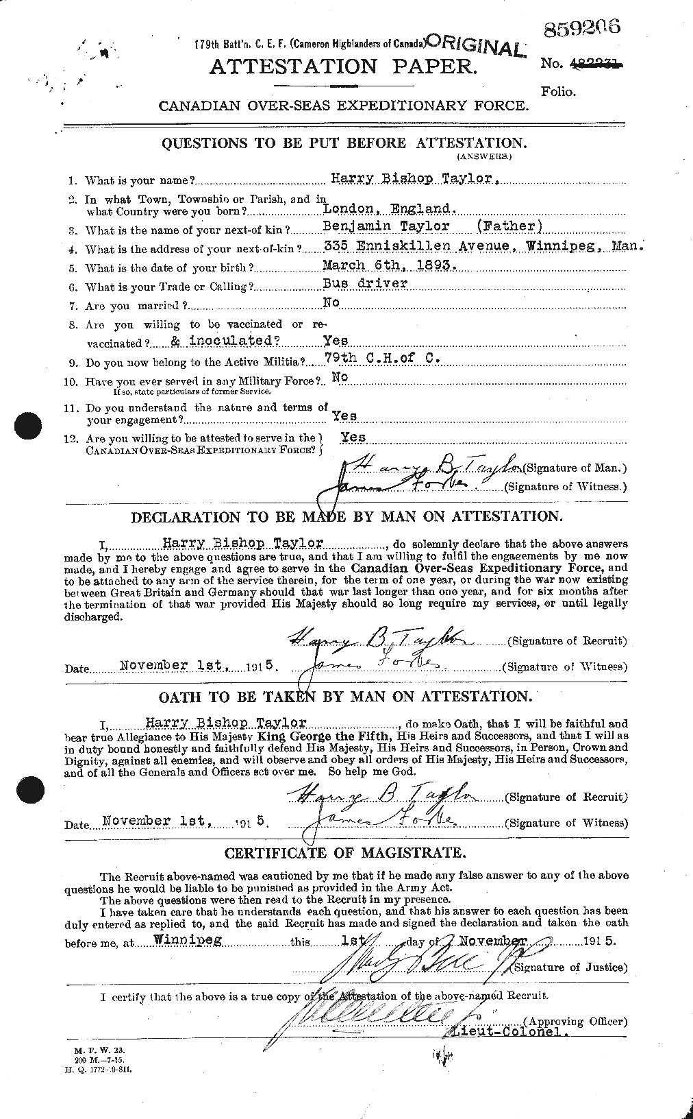 Dossiers du Personnel de la Première Guerre mondiale - CEC 626485a