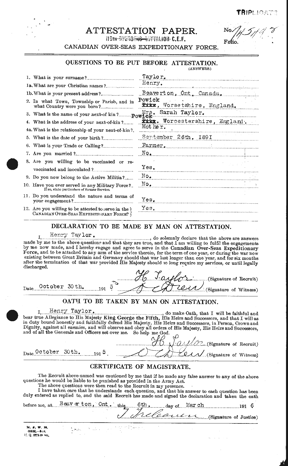 Dossiers du Personnel de la Première Guerre mondiale - CEC 626520a