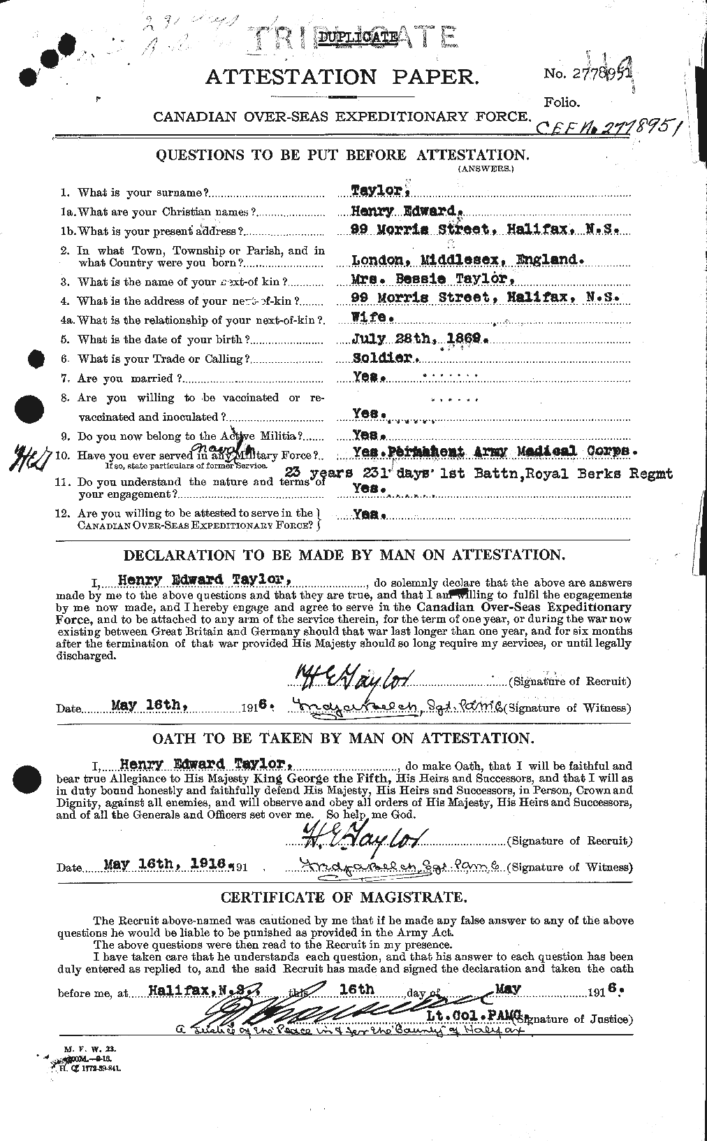 Dossiers du Personnel de la Première Guerre mondiale - CEC 626535a