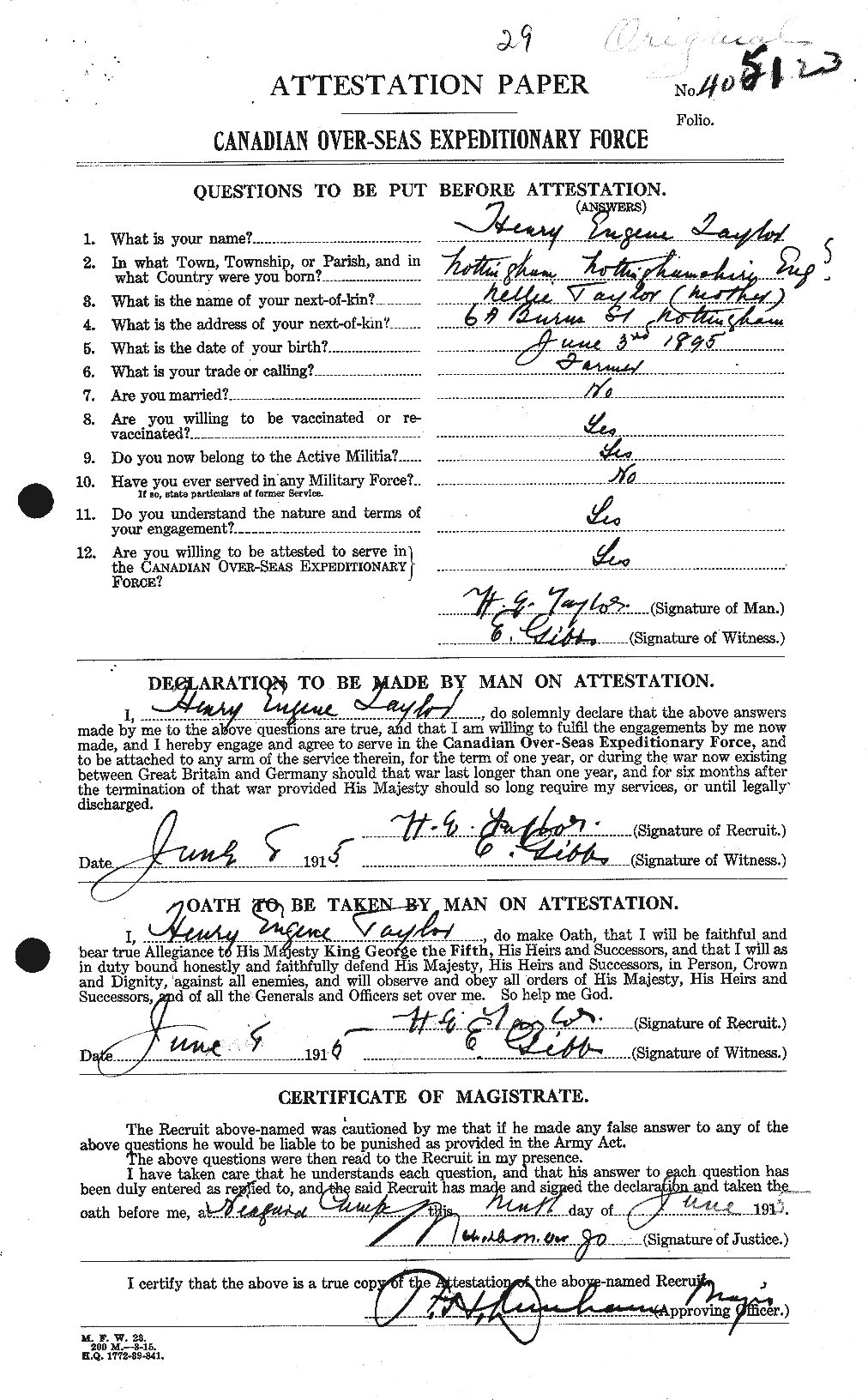 Dossiers du Personnel de la Première Guerre mondiale - CEC 626538a