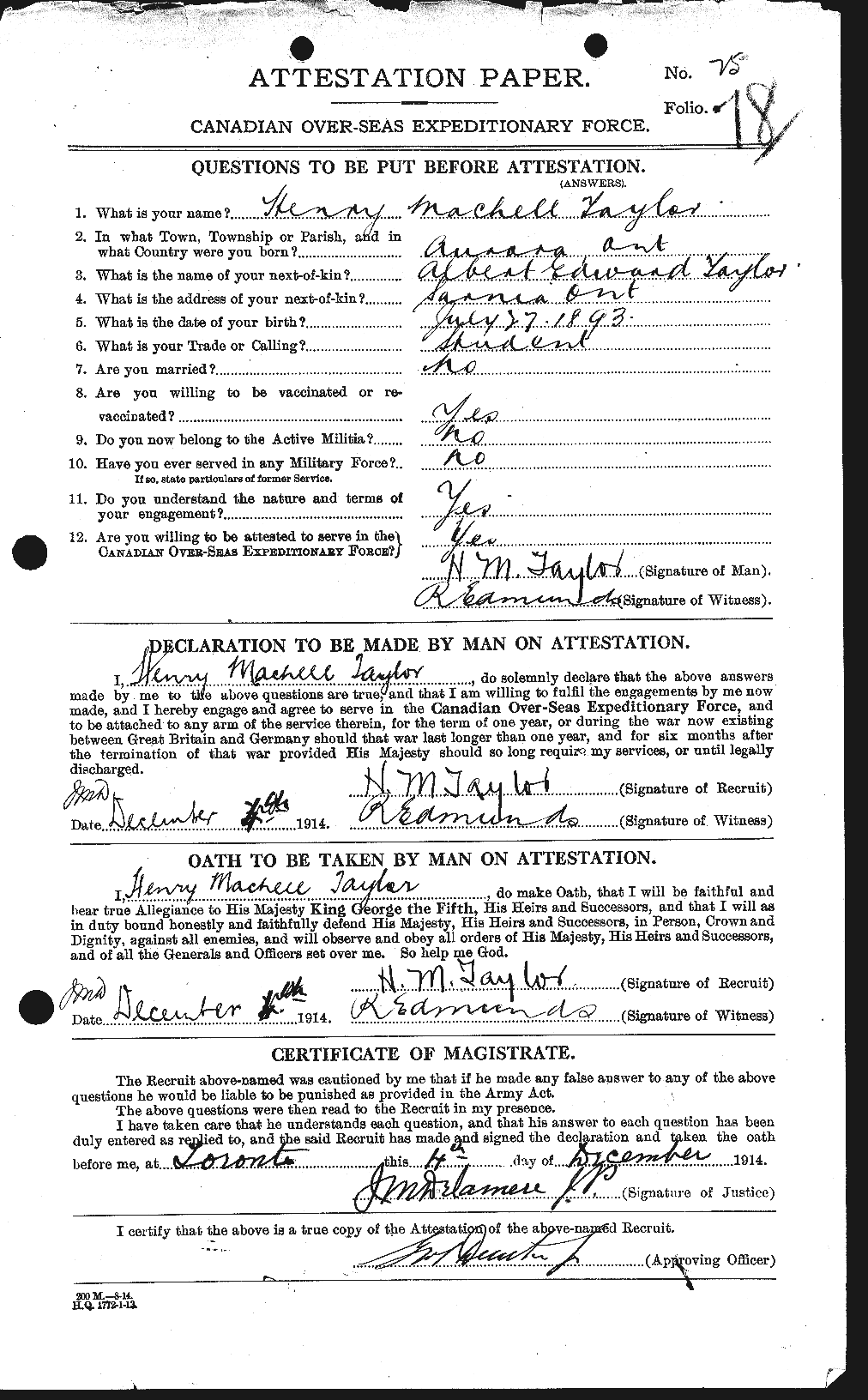 Dossiers du Personnel de la Première Guerre mondiale - CEC 626548a