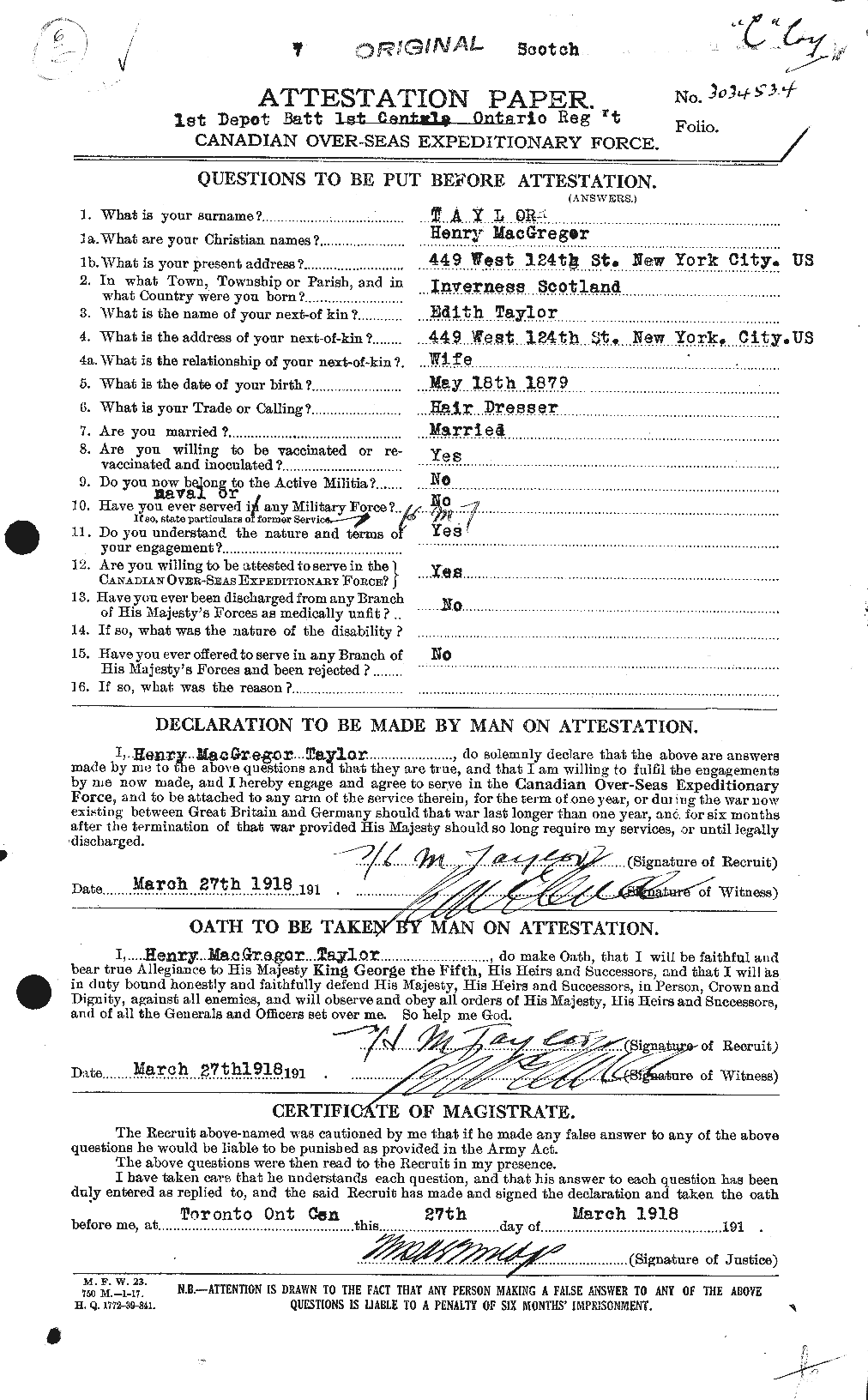 Dossiers du Personnel de la Première Guerre mondiale - CEC 626549a