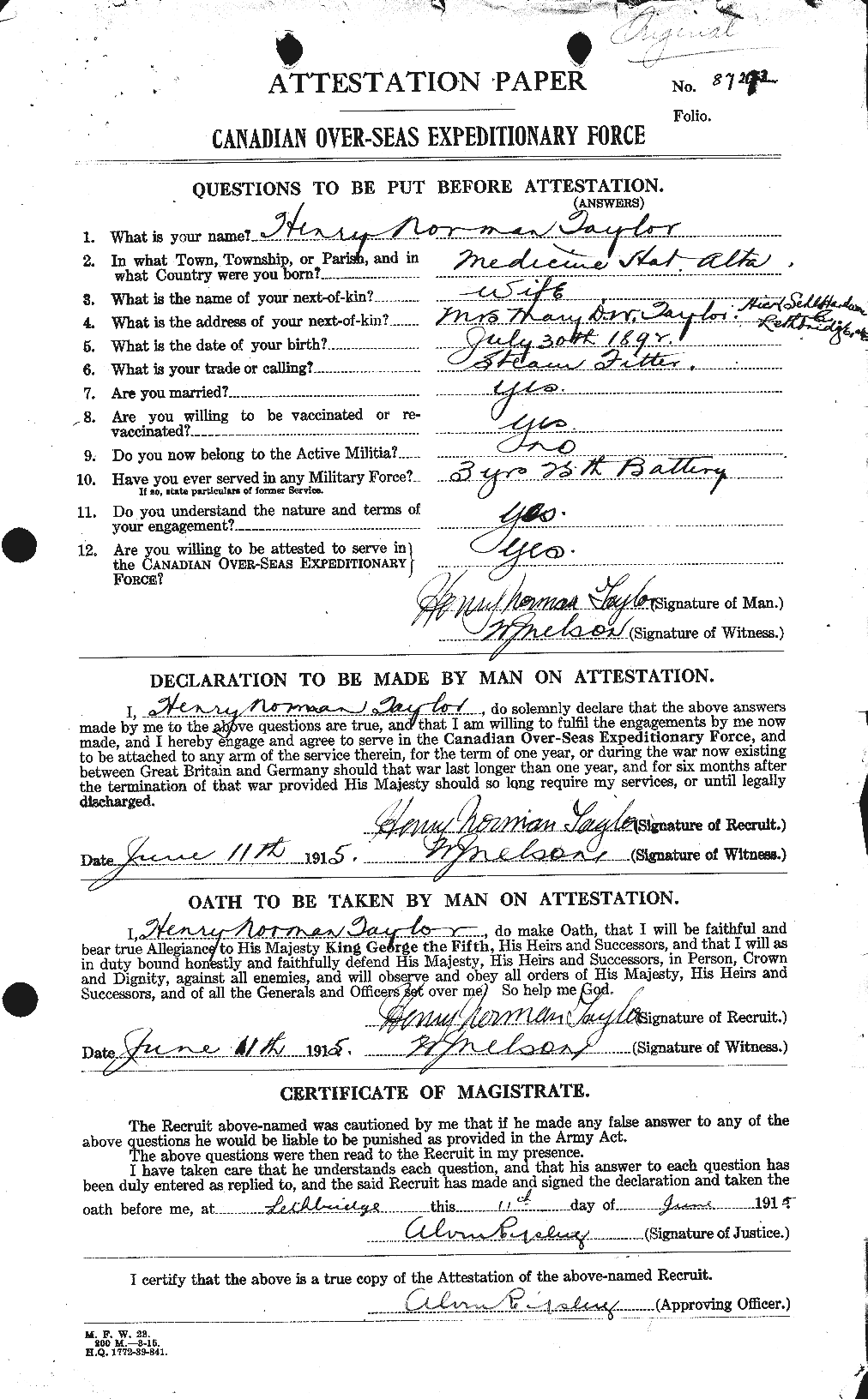 Dossiers du Personnel de la Première Guerre mondiale - CEC 626551a