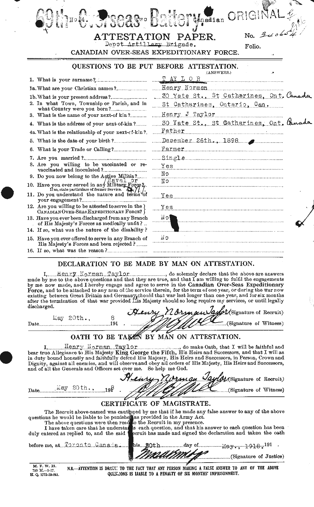 Dossiers du Personnel de la Première Guerre mondiale - CEC 626552a