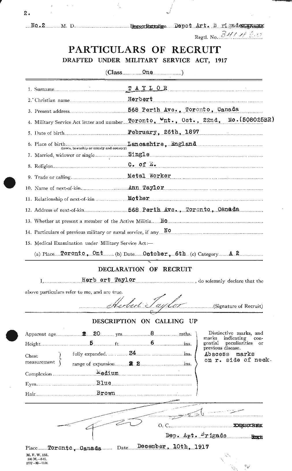 Dossiers du Personnel de la Première Guerre mondiale - CEC 626557a