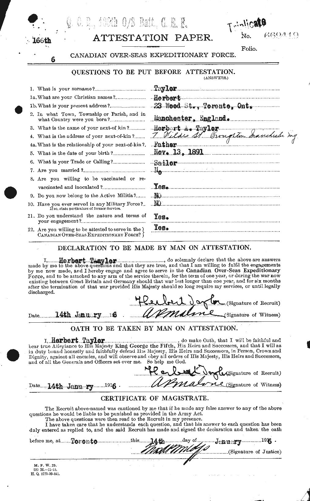 Dossiers du Personnel de la Première Guerre mondiale - CEC 626559a