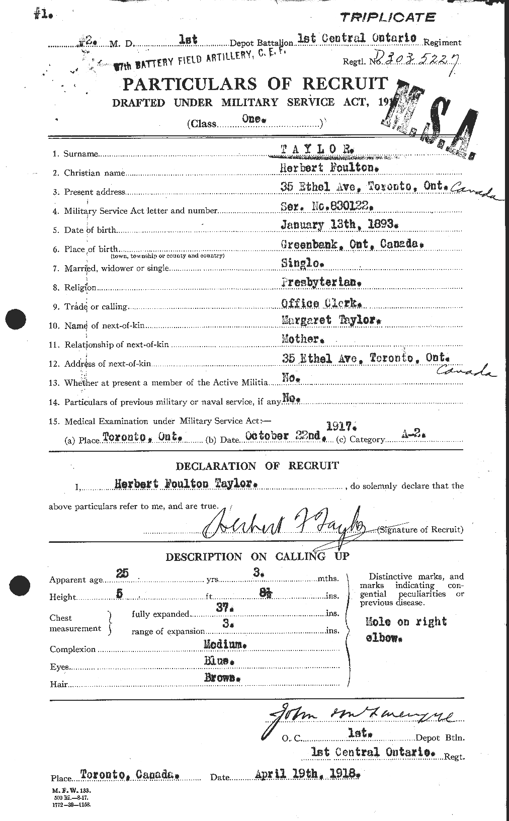 Dossiers du Personnel de la Première Guerre mondiale - CEC 626568a