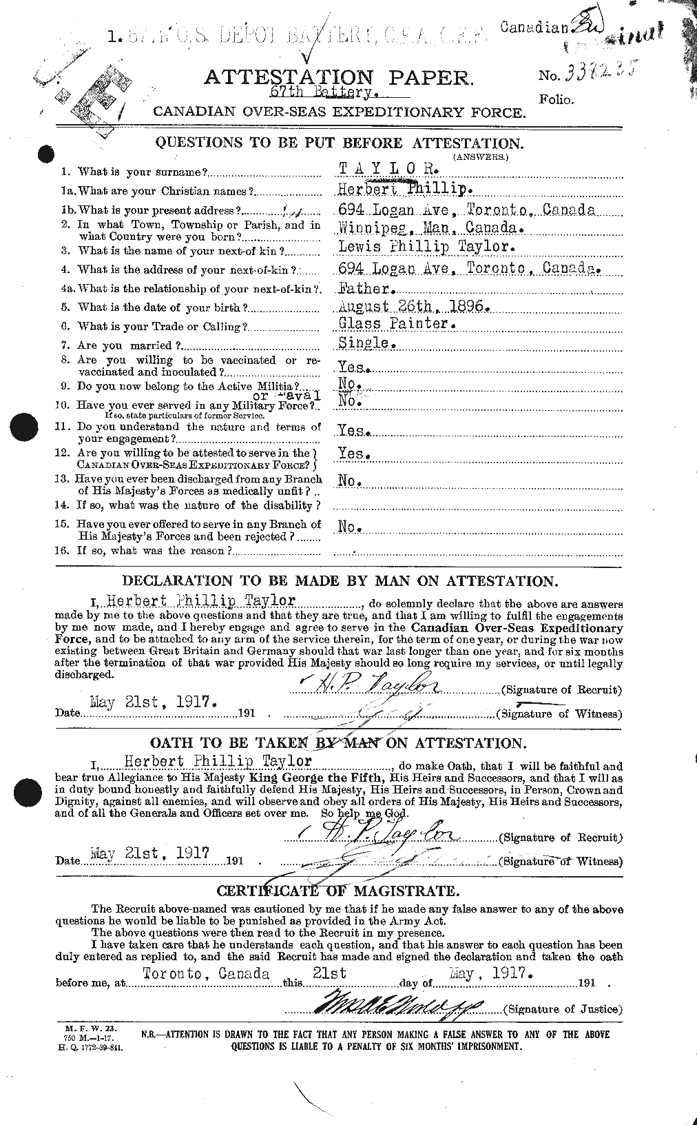 Dossiers du Personnel de la Première Guerre mondiale - CEC 626576a