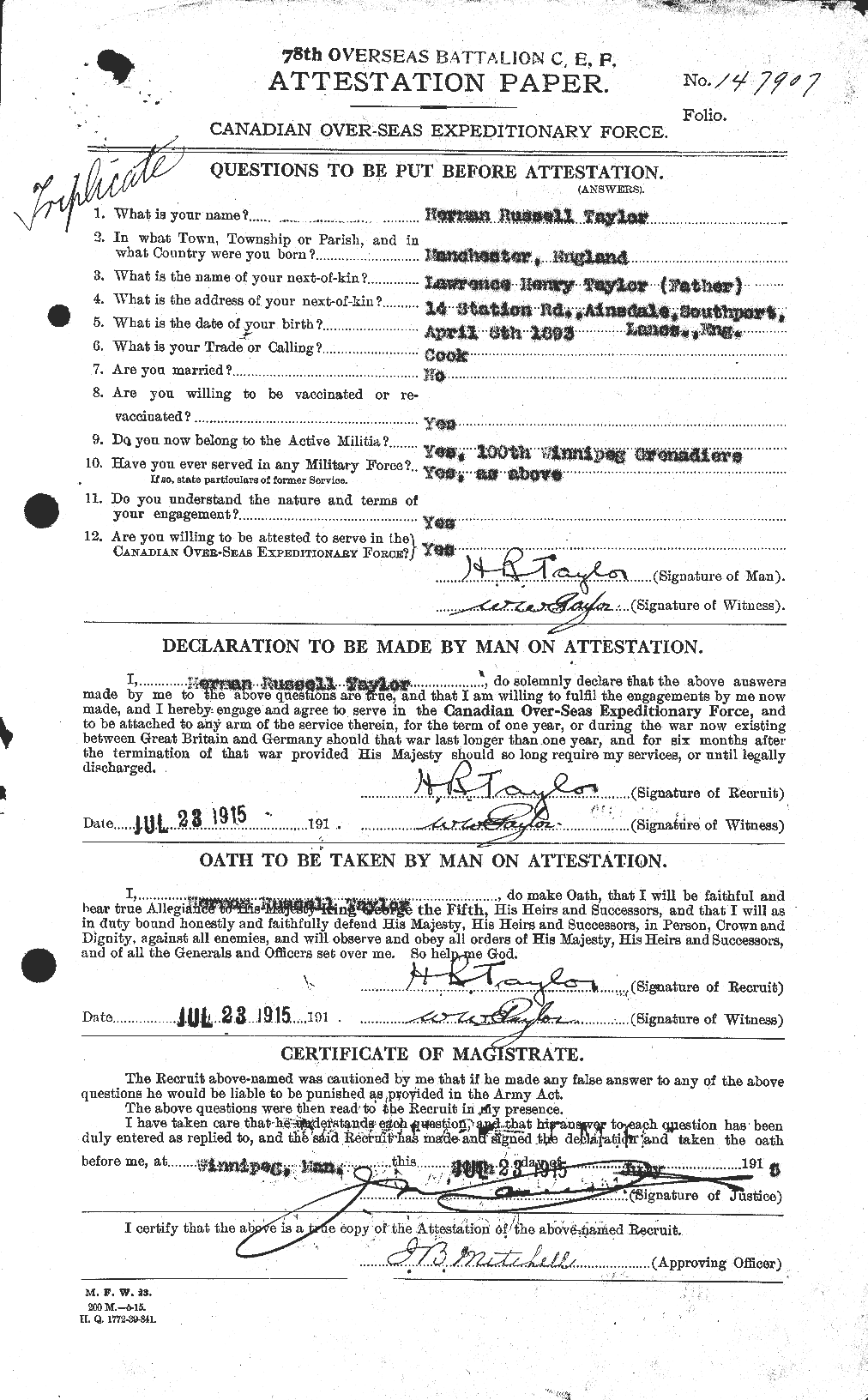 Dossiers du Personnel de la Première Guerre mondiale - CEC 626585a