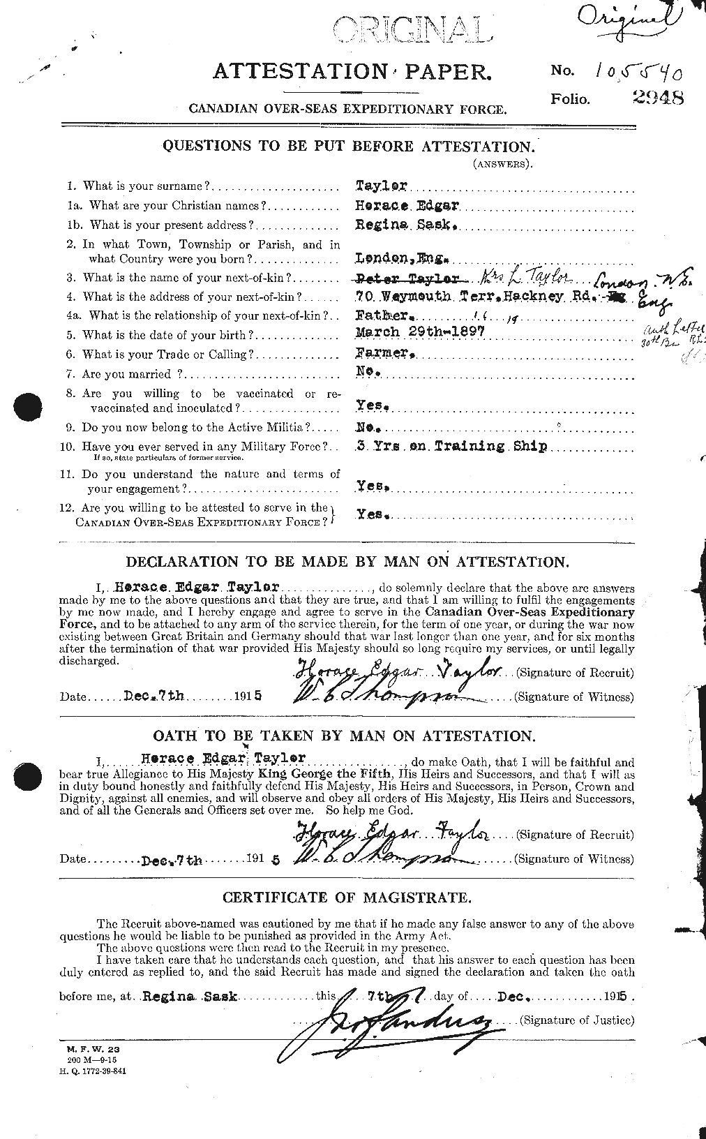 Dossiers du Personnel de la Première Guerre mondiale - CEC 626593a