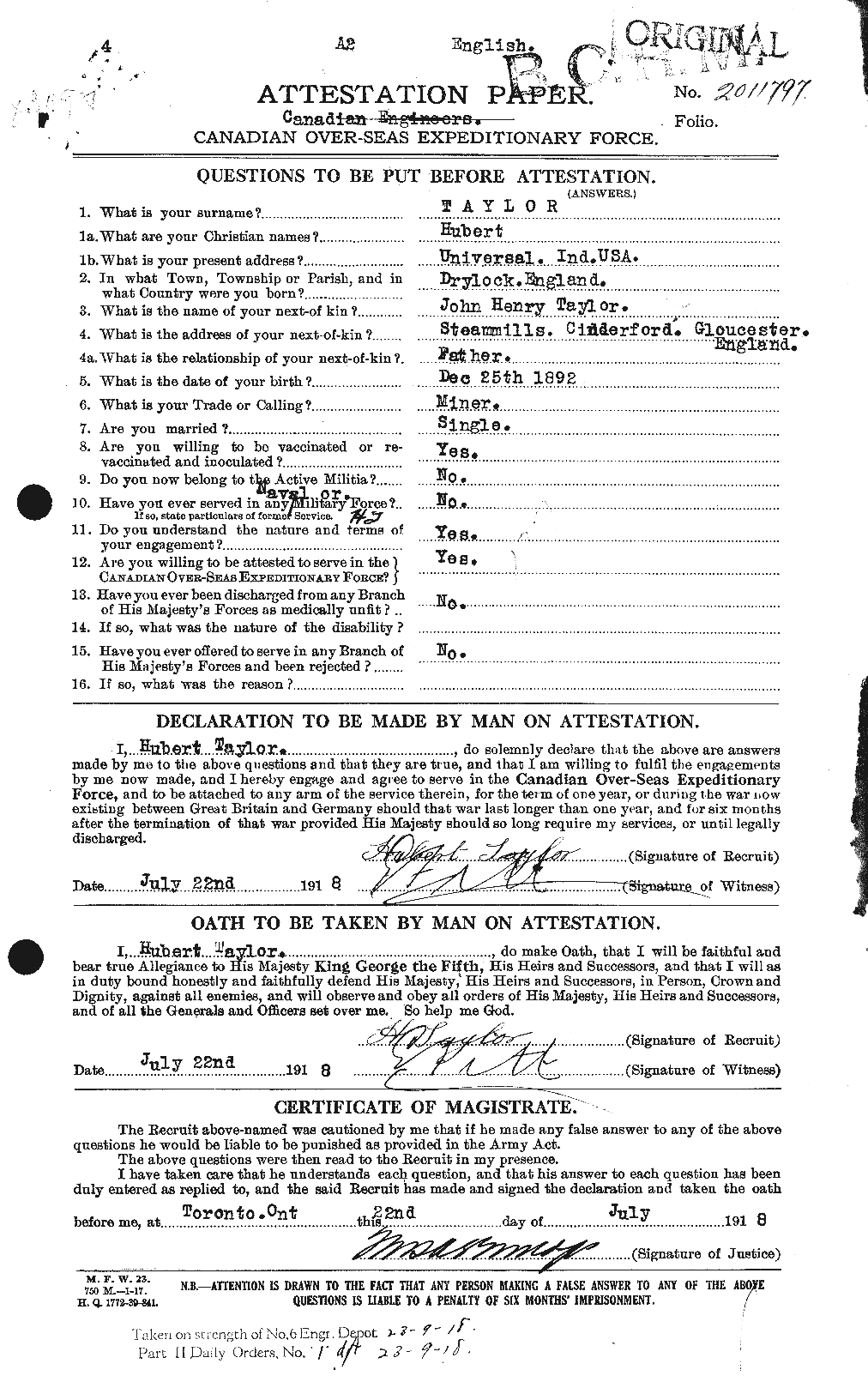 Dossiers du Personnel de la Première Guerre mondiale - CEC 626607a