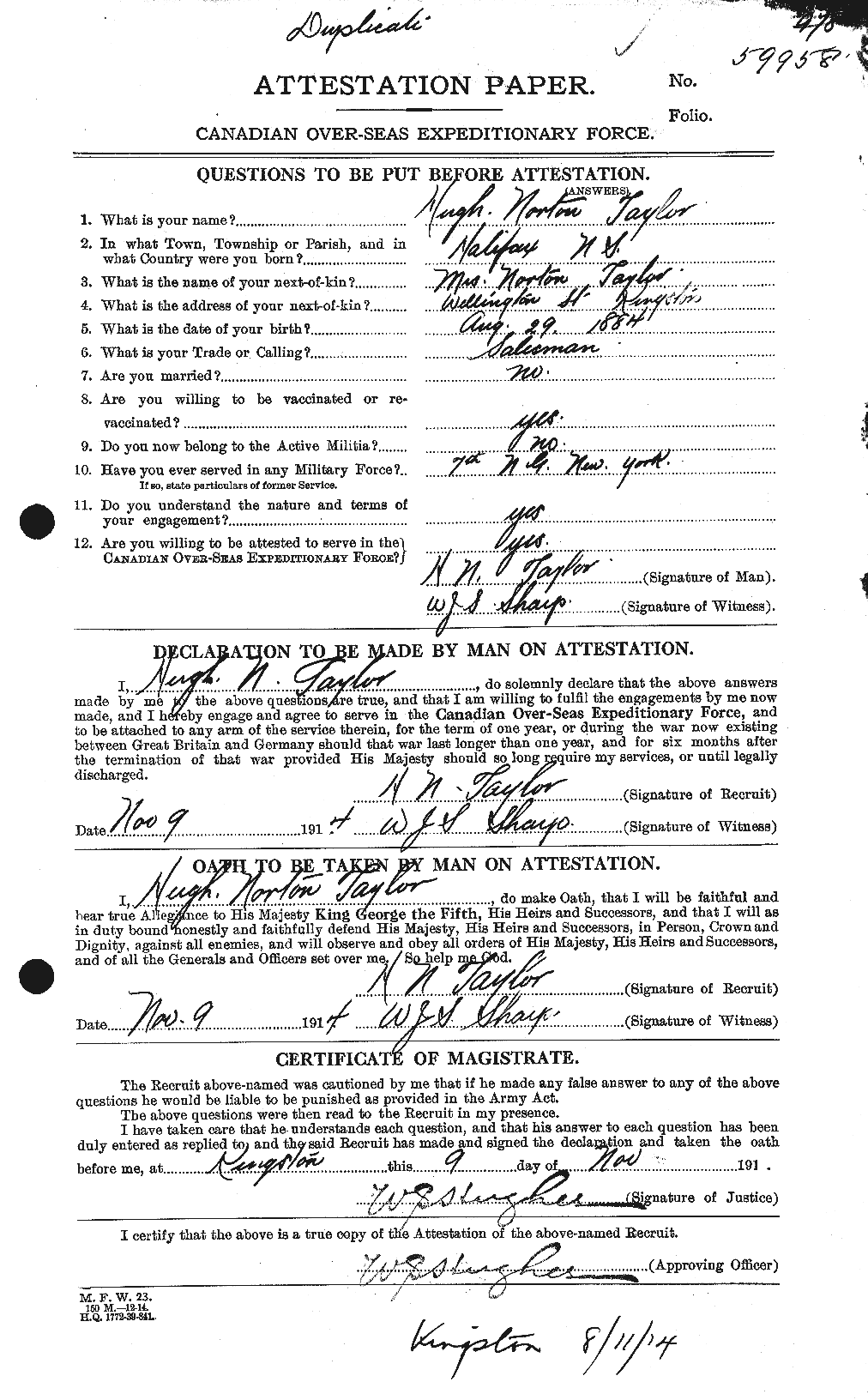 Dossiers du Personnel de la Première Guerre mondiale - CEC 626620a