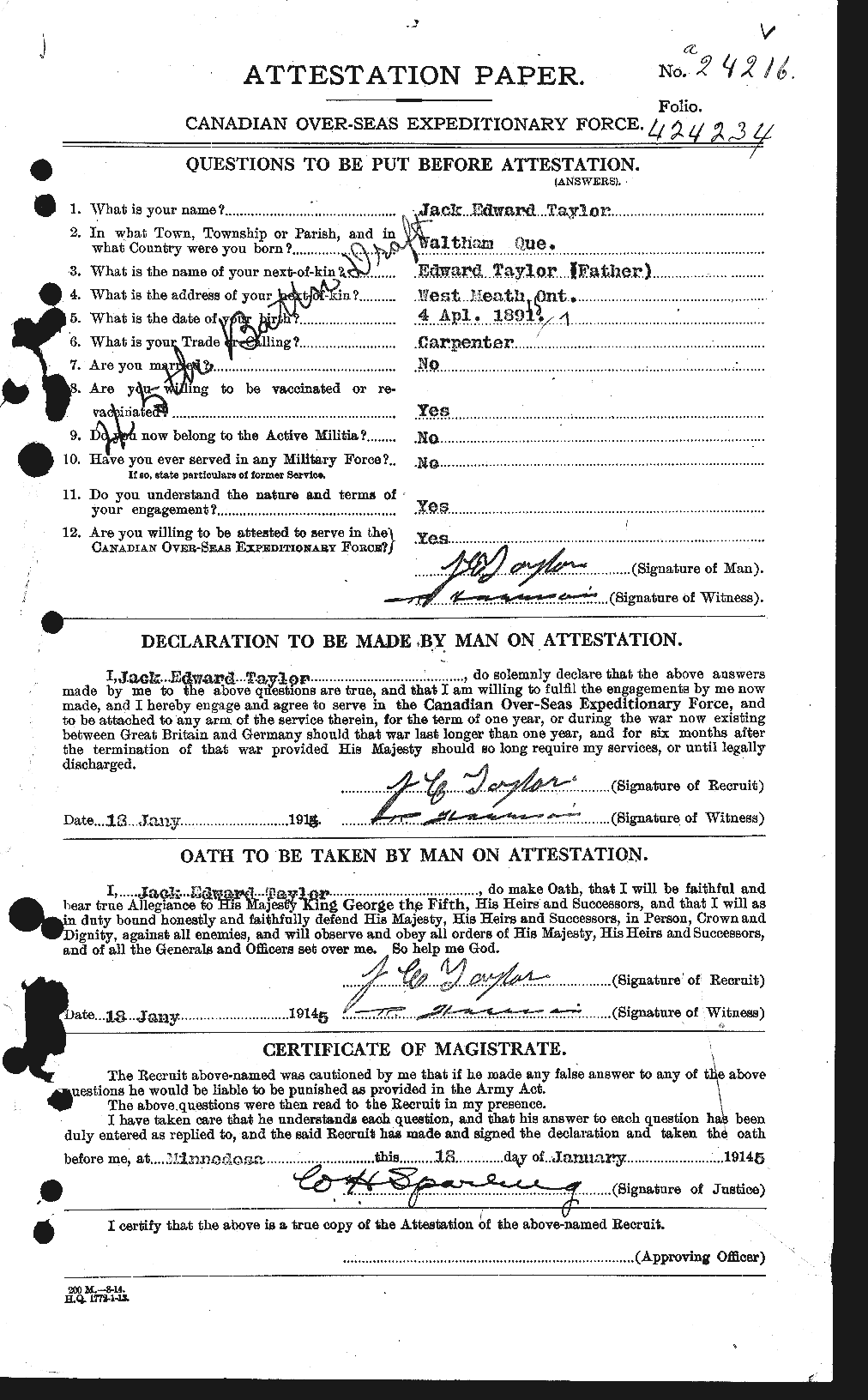 Dossiers du Personnel de la Première Guerre mondiale - CEC 626644a
