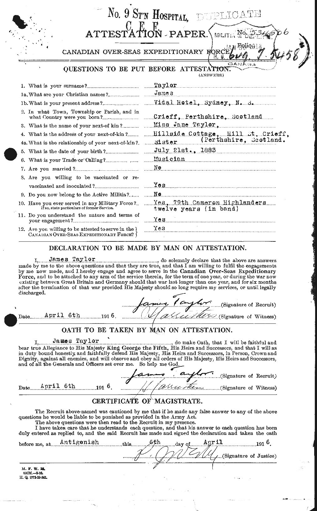 Dossiers du Personnel de la Première Guerre mondiale - CEC 626652a