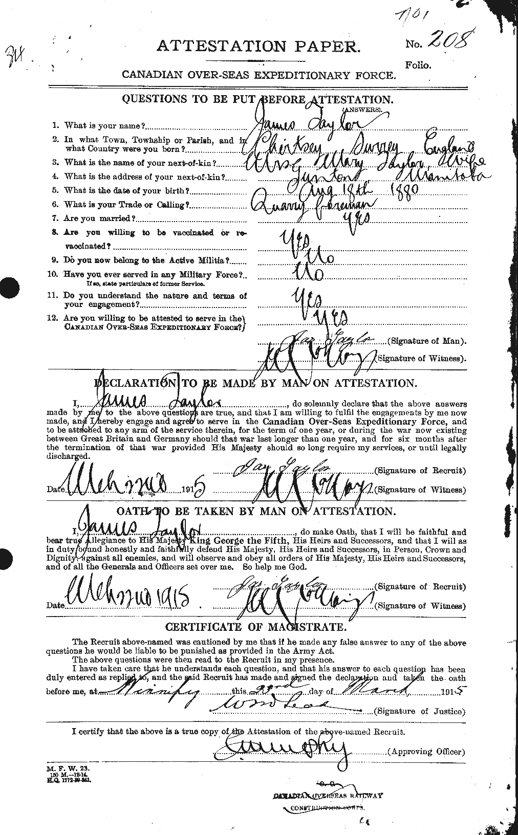 Dossiers du Personnel de la Première Guerre mondiale - CEC 626660a