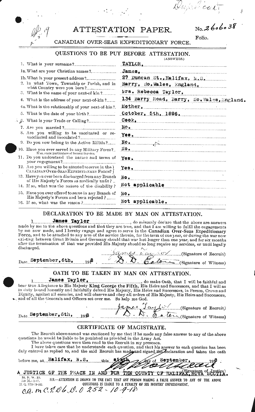 Dossiers du Personnel de la Première Guerre mondiale - CEC 626663a