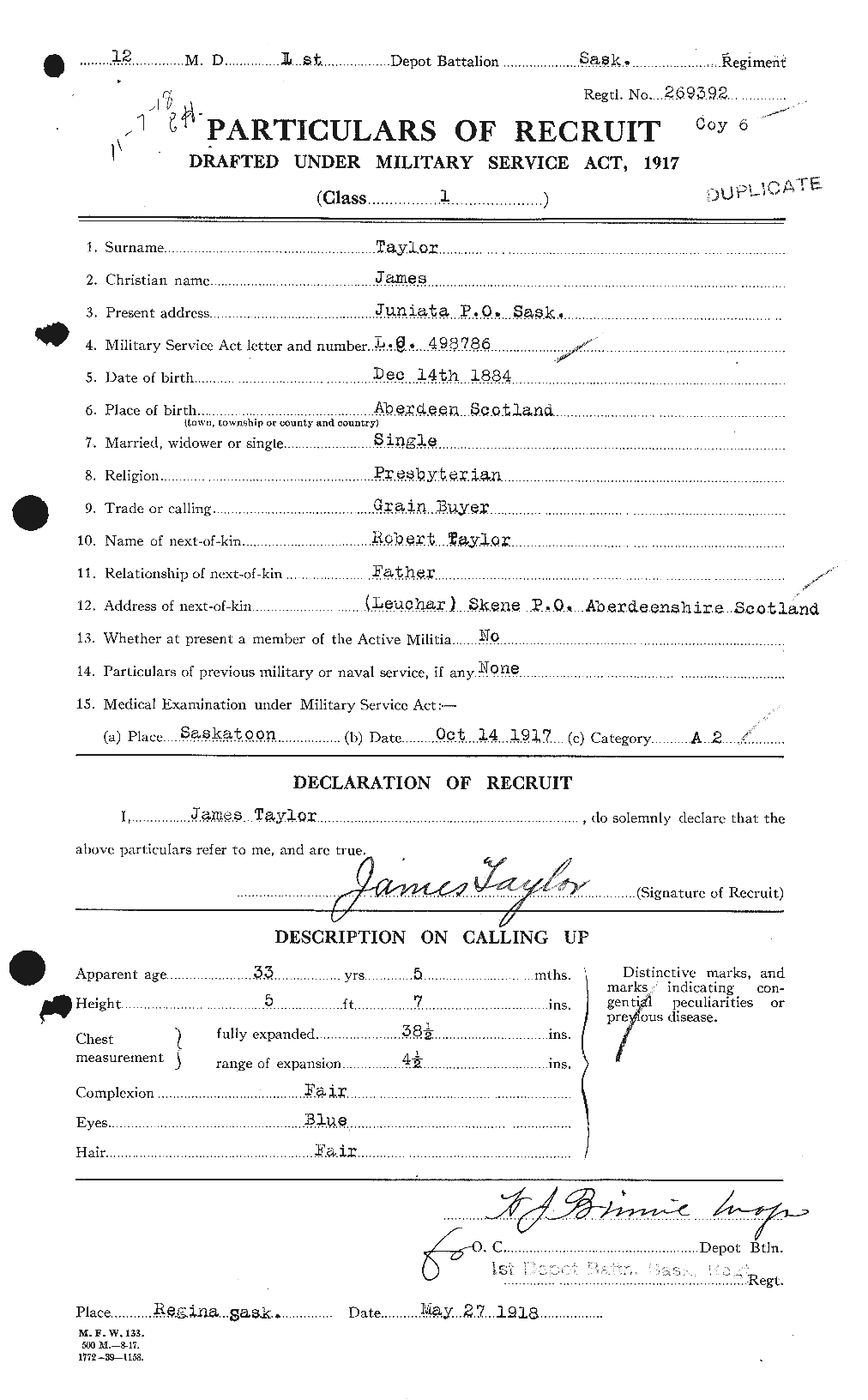 Dossiers du Personnel de la Première Guerre mondiale - CEC 626678a