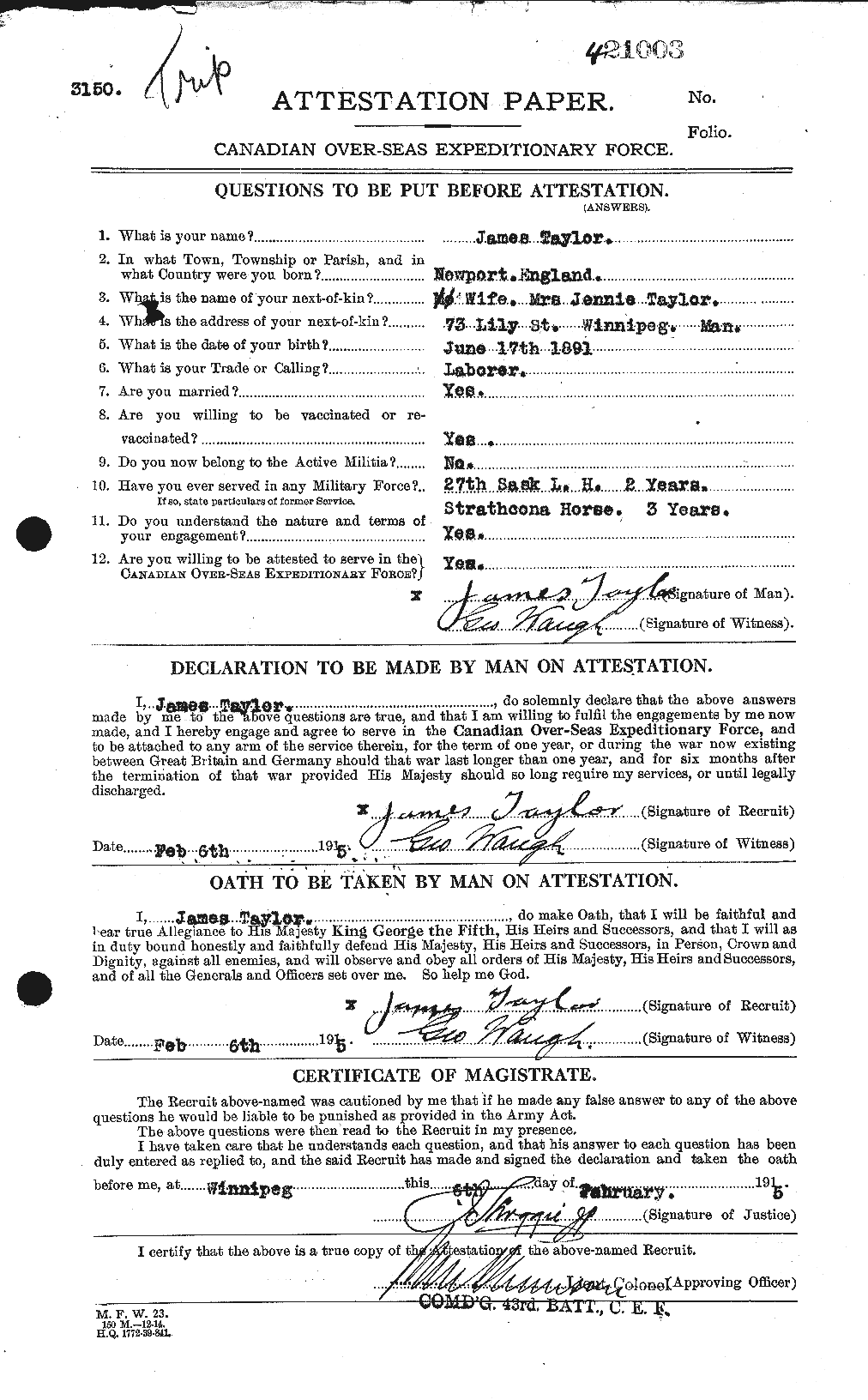 Dossiers du Personnel de la Première Guerre mondiale - CEC 626690a