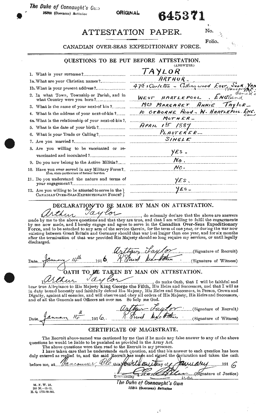 Dossiers du Personnel de la Première Guerre mondiale - CEC 626695a