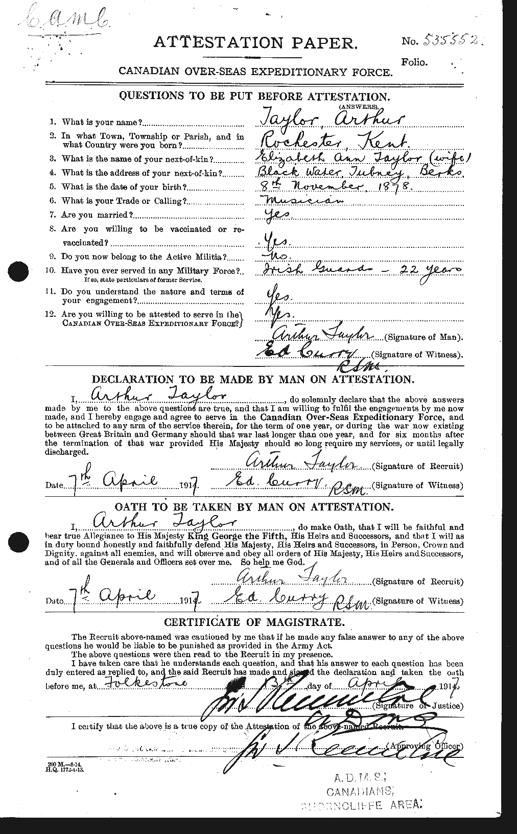 Dossiers du Personnel de la Première Guerre mondiale - CEC 626698a