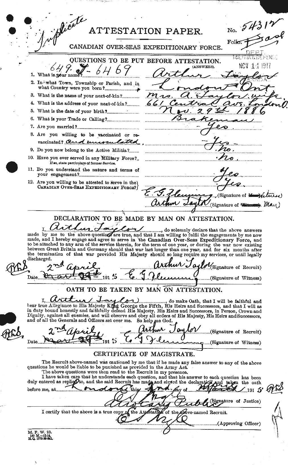 Dossiers du Personnel de la Première Guerre mondiale - CEC 626709a