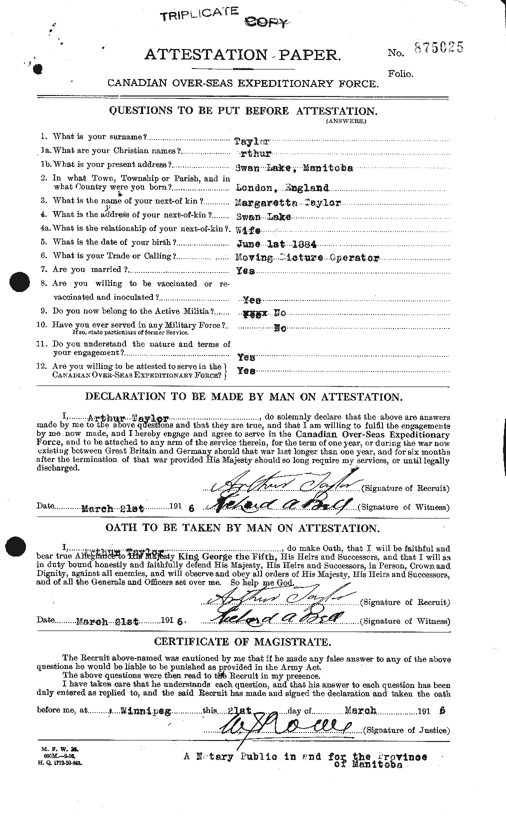 Dossiers du Personnel de la Première Guerre mondiale - CEC 626710a