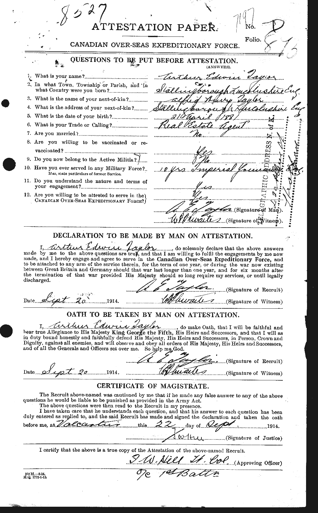 Dossiers du Personnel de la Première Guerre mondiale - CEC 626721a