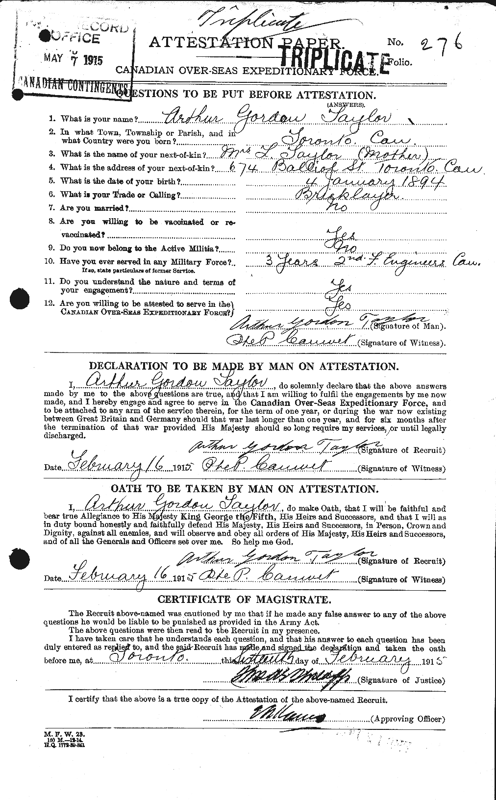 Dossiers du Personnel de la Première Guerre mondiale - CEC 626724a