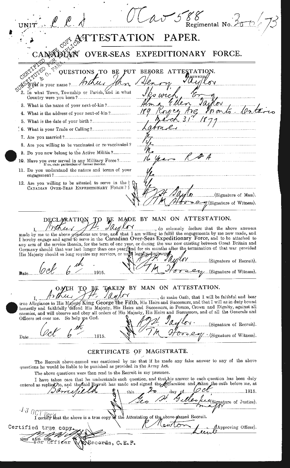 Dossiers du Personnel de la Première Guerre mondiale - CEC 626735a