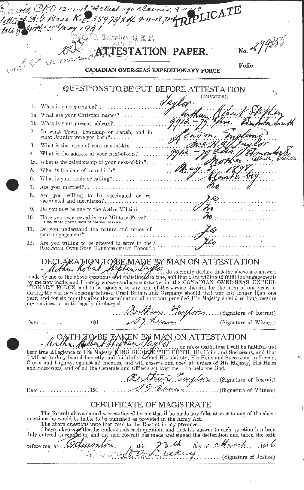 Dossiers du Personnel de la Première Guerre mondiale - CEC 626742a
